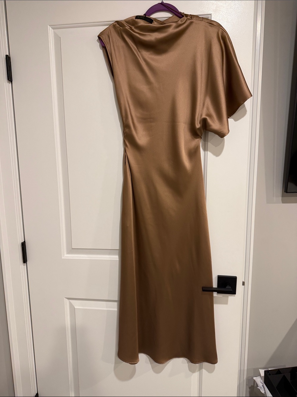 Zara One-Shoulder Satin Dress in Bronze